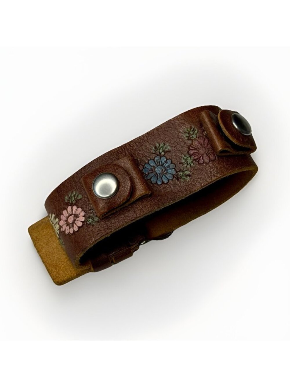RARE Fossil Womens Y2K Watch Band Floral Tooled Leather Wrist Cuff Boho Festival